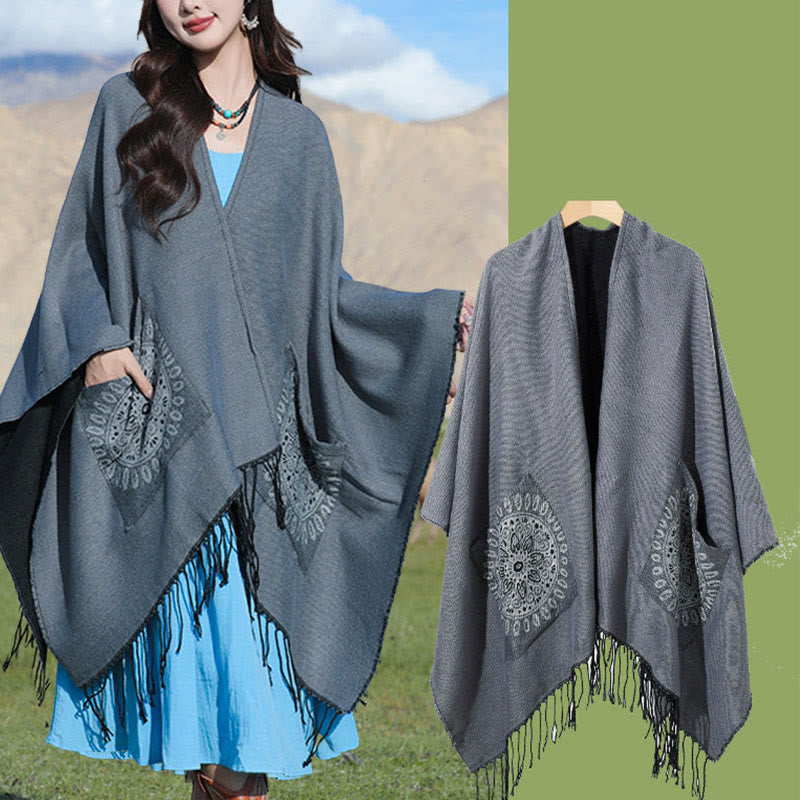 Buddha Stones Tibetan Geometric Round Mandala Pattern Tassels Shawl Fall Winter Cozy Scarf Wrap With Pockets