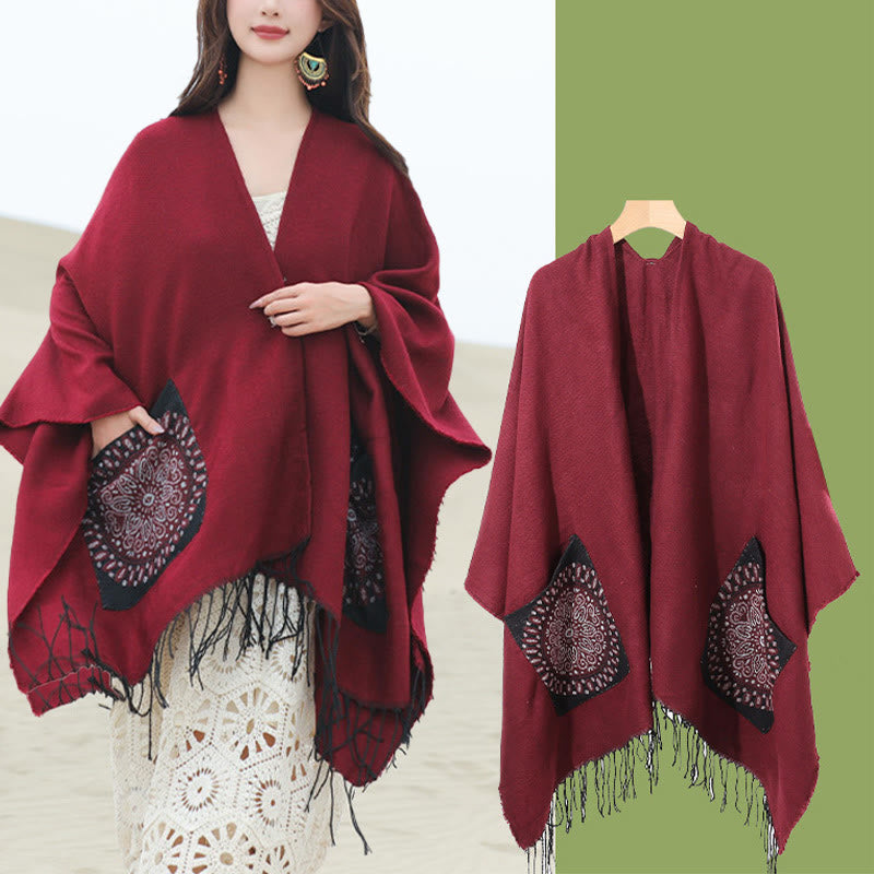 Buddha Stones Tibetan Geometric Round Mandala Pattern Tassels Shawl Fall Winter Cozy Scarf Wrap With Pockets - image 26