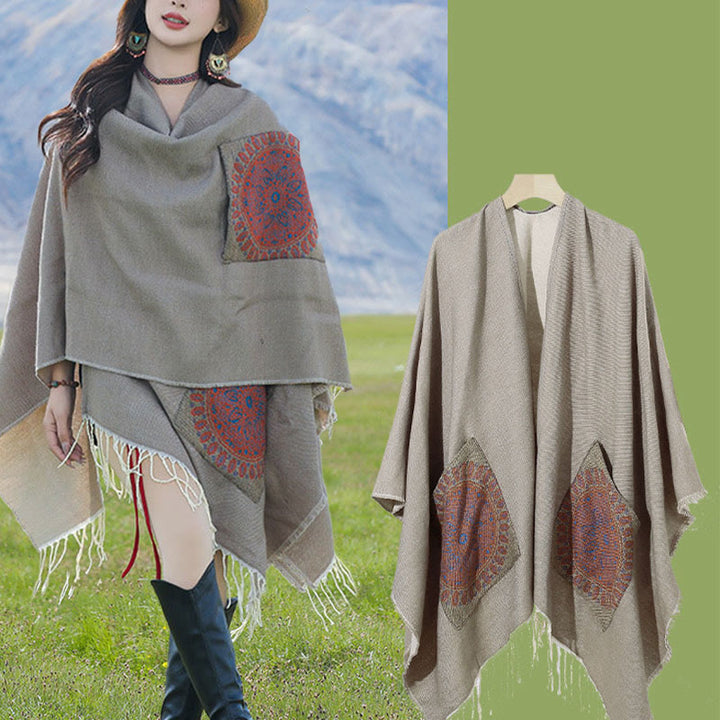 Buddha Stones Tibetan Geometric Round Mandala Pattern Tassels Shawl Fall Winter Cozy Scarf Wrap With Pockets - image 32