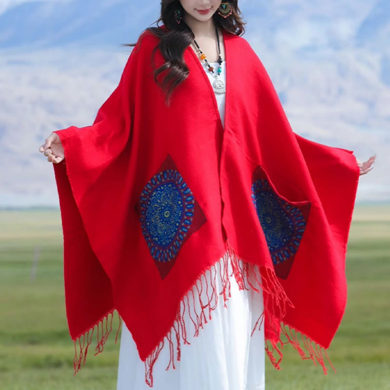 Buddha Stones Tibetan Geometric Round Mandala Pattern Tassels Shawl Fall Winter Cozy Scarf Wrap With Pockets - image 4