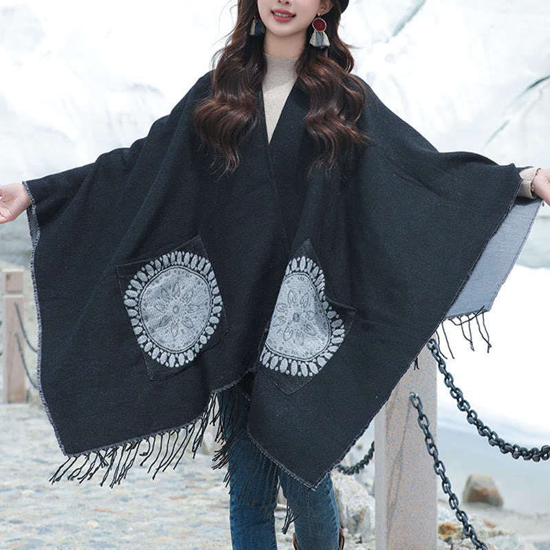 Buddha Stones Tibetan Geometric Round Mandala Pattern Tassels Shawl Fall Winter Cozy Scarf Wrap With Pockets - image 10