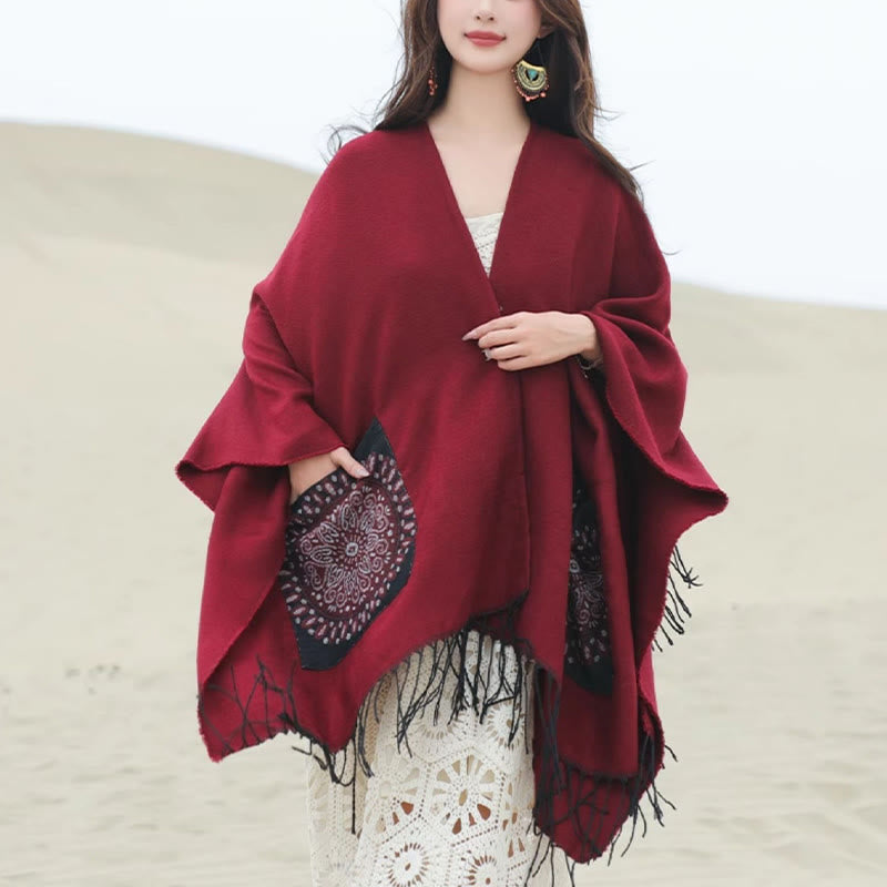 Buddha Stones Tibetan Geometric Round Mandala Pattern Tassels Shawl Fall Winter Cozy Scarf Wrap With Pockets - FireBrick - 140*155cm - image 22