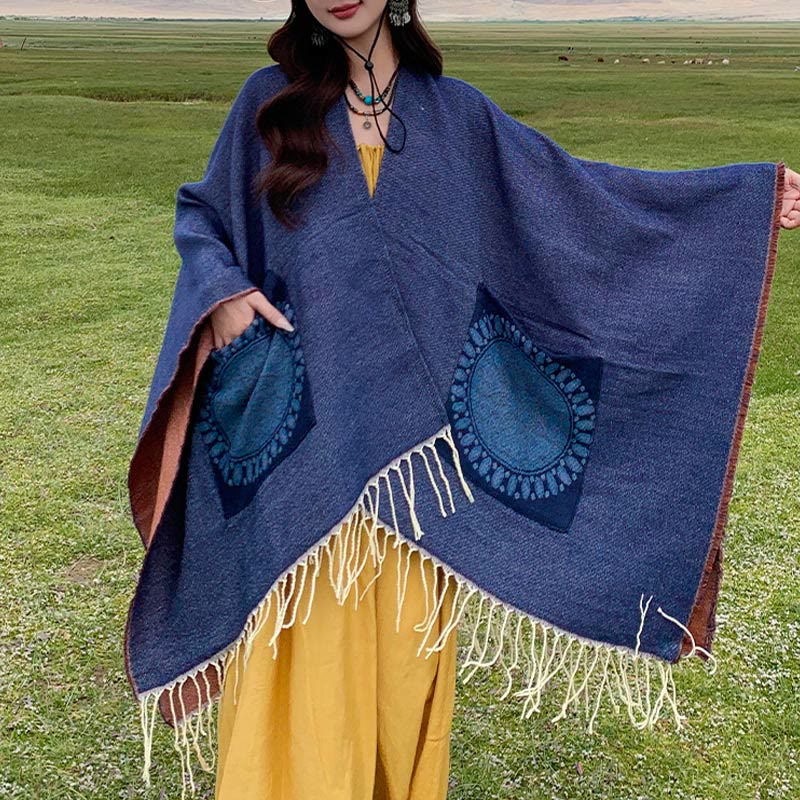 Buddha Stones Tibetan Geometric Round Mandala Pattern Tassels Shawl Fall Winter Cozy Scarf Wrap With Pockets - SteelBlue - 140*155cm - image 33