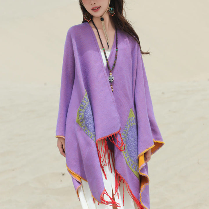 Buddha Stones Tibetan Geometric Round Mandala Pattern Tassels Shawl Fall Winter Cozy Scarf Wrap With Pockets - image 40