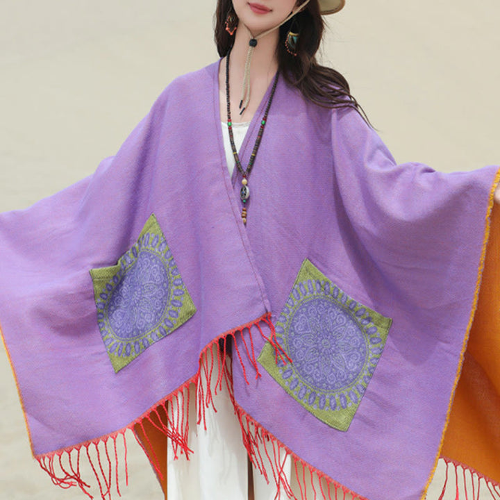 Buddha Stones Tibetan Geometric Round Mandala Pattern Tassels Shawl Fall Winter Cozy Scarf Wrap With Pockets - image 43