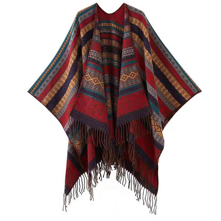 Buddha Stones Tibetan Geometric Horizontal Stripe Flower Leaf Tassels Shawl Fall Winter Cozy Scarf Wrap - OrangeRed 130*150cm - image 17