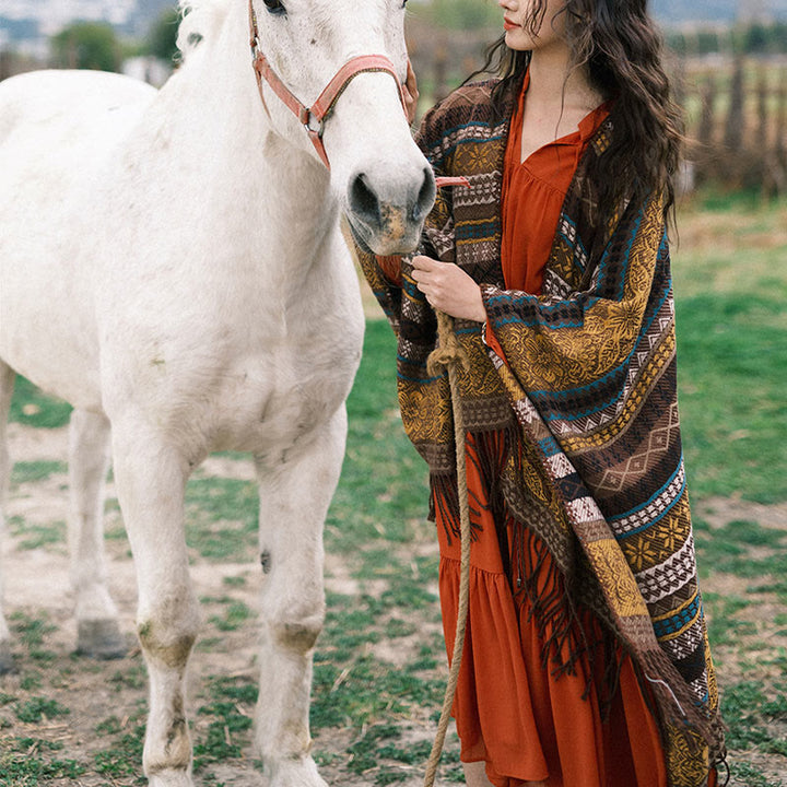 Buddha Stones Tibetan Geometric Horizontal Stripe Flower Leaf Tassels Shawl Fall Winter Cozy Scarf Wrap - Sienna 130*150cm - image 9