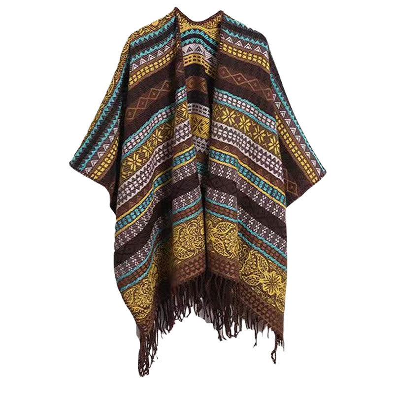 Buddha Stones Tibetan Geometric Horizontal Stripe Flower Leaf Tassels Shawl Fall Winter Cozy Scarf Wrap