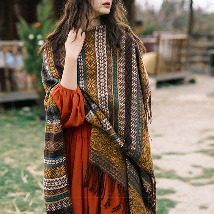 Buddha Stones Tibetan Geometric Horizontal Stripe Flower Leaf Tassels Shawl Fall Winter Cozy Scarf Wrap - image 11