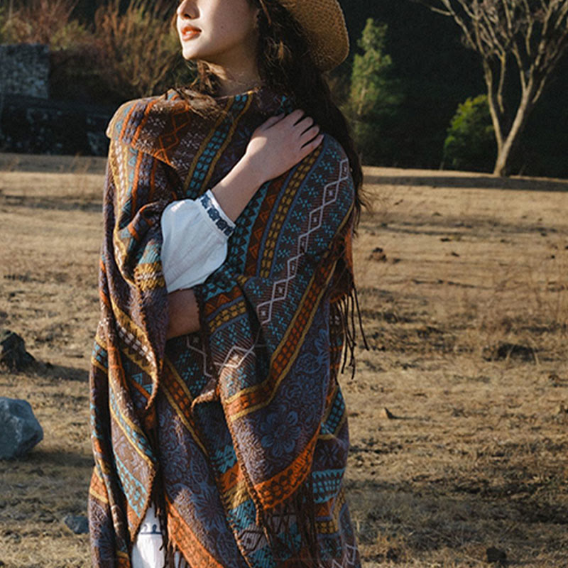 Buddha Stones Tibetan Geometric Horizontal Stripe Flower Leaf Tassels Shawl Fall Winter Cozy Scarf Wrap - image 5