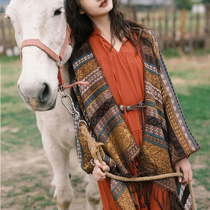 Buddha Stones Tibetan Geometric Horizontal Stripe Flower Leaf Tassels Shawl Fall Winter Cozy Scarf Wrap - image 12