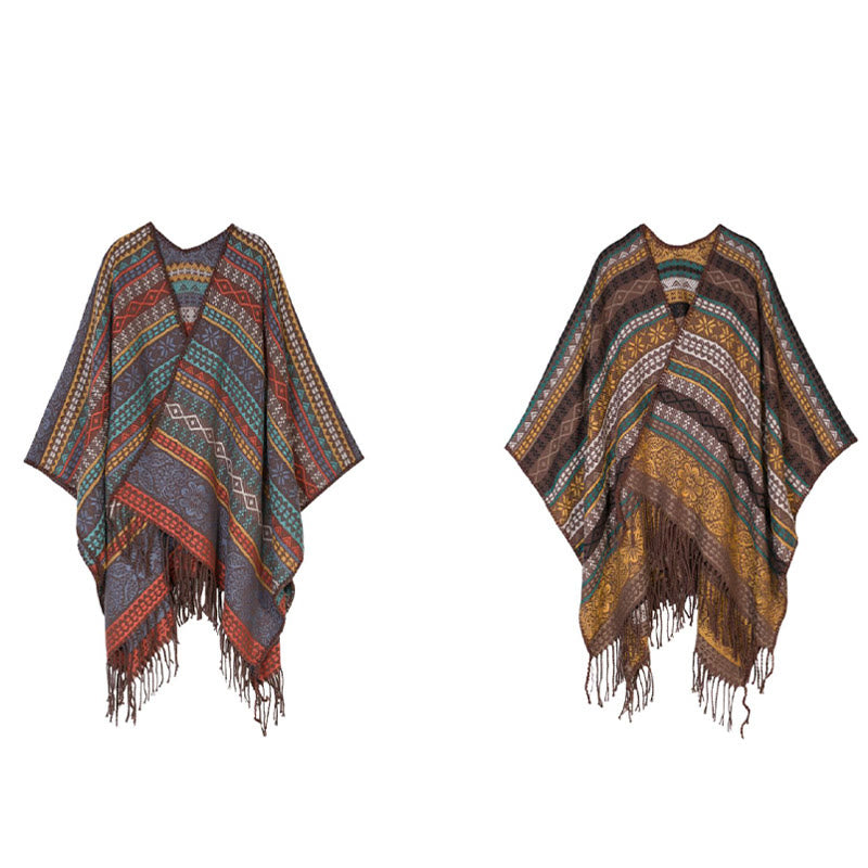 Buddha Stones Tibetan Geometric Horizontal Stripe Flower Leaf Tassels Shawl Fall Winter Cozy Scarf Wrap