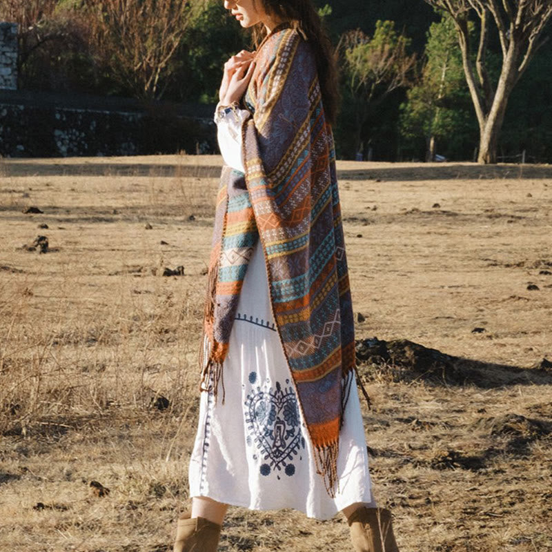 Buddha Stones Tibetan Geometric Horizontal Stripe Flower Leaf Tassels Shawl Fall Winter Cozy Scarf Wrap - image 7