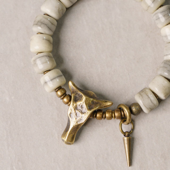 Buddha Stones White Yak Bone Copper Yak Head Cone Pendant Balance Bracelet