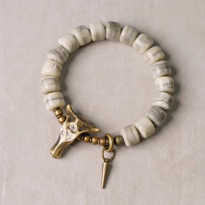 Buddha Stones White Yak Bone Copper Yak Head Cone Pendant Balance Bracelet