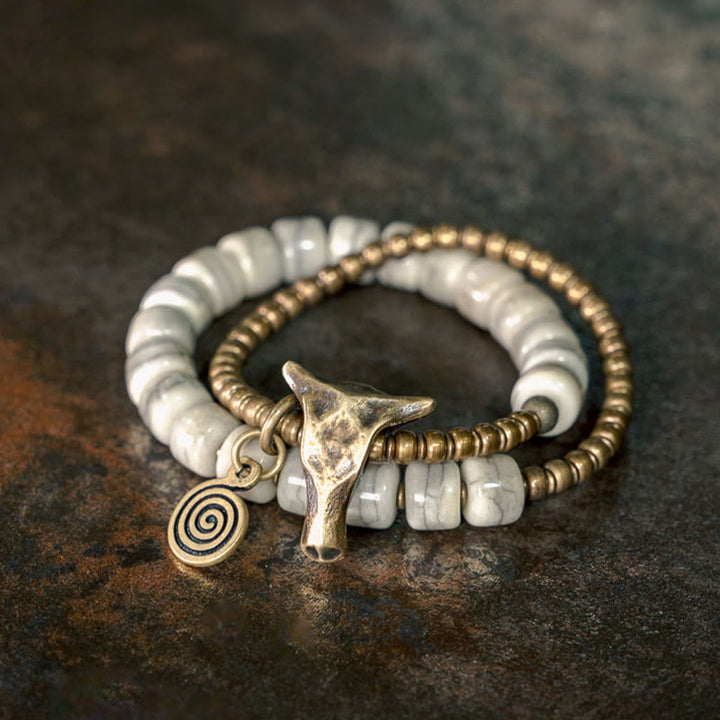 Buddha Stones White Yak Bone Copper Yak Head Double Wrap Balance Bracelet