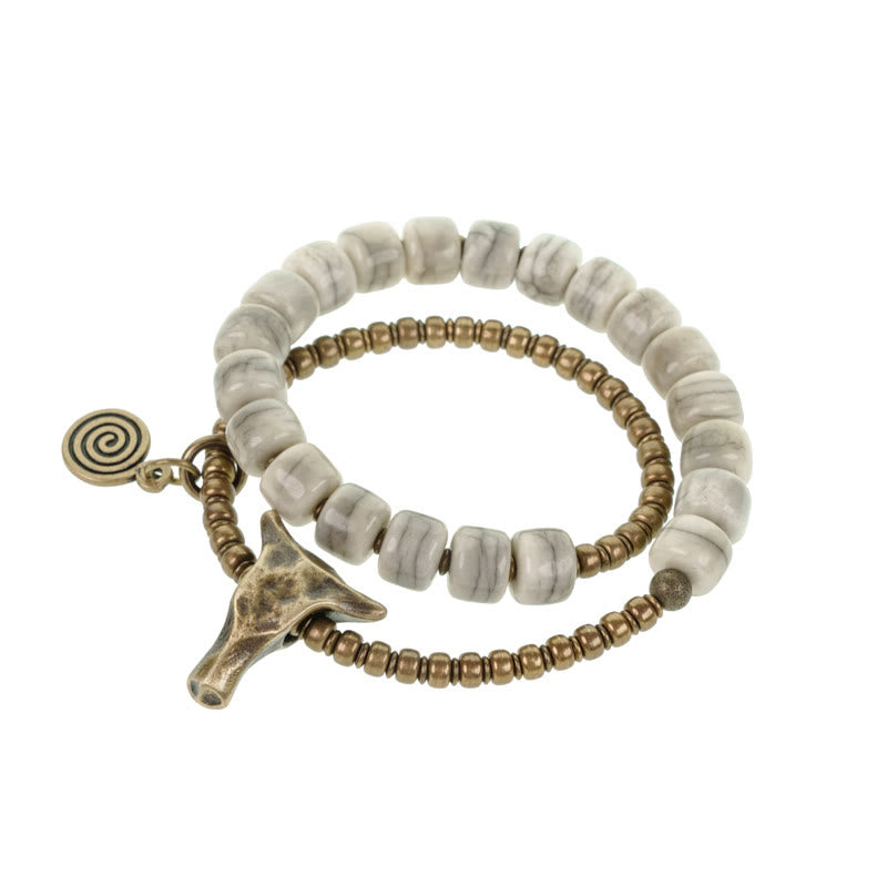 Buddha Stones White Yak Bone Copper Yak Head Double Wrap Balance Bracelet