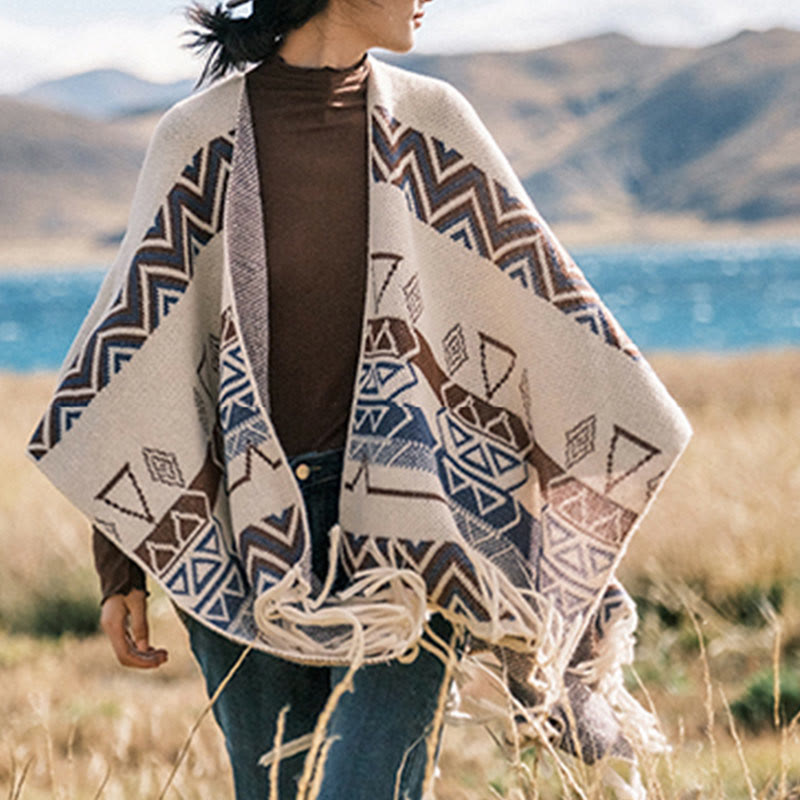 Buddha Stones Tibetan Wave Stripe Geometry Tassels Shawl Fall Winter Cozy Scarf Wrap - image 14