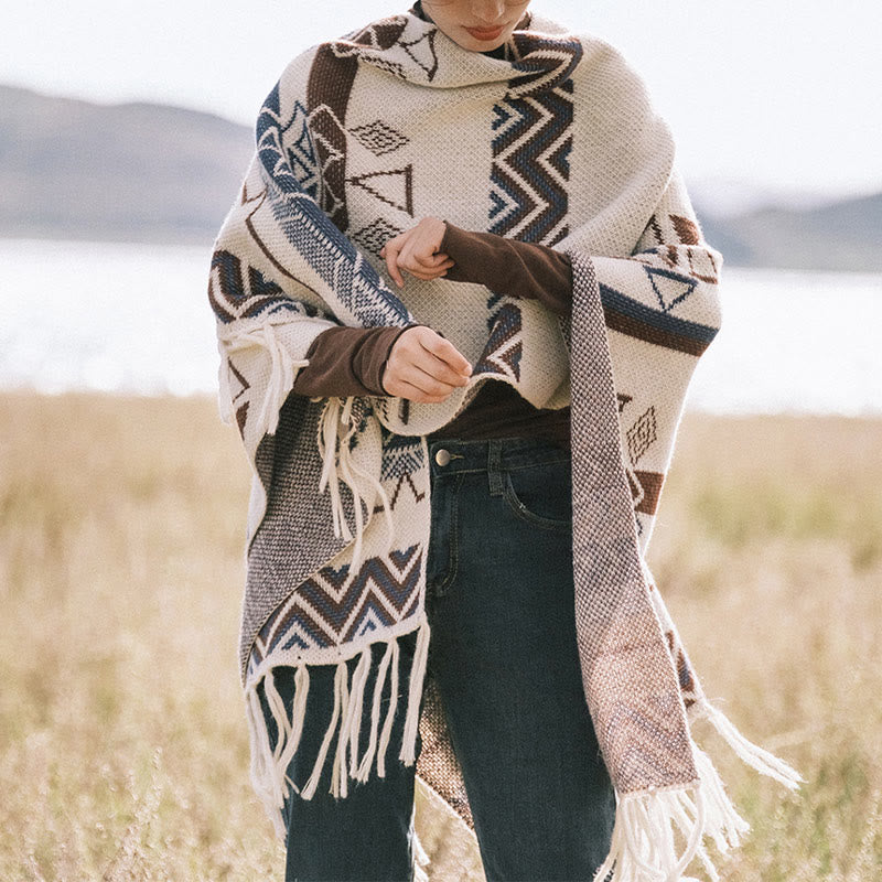 Buddha Stones Tibetan Wave Stripe Geometry Tassels Shawl Fall Winter Cozy Scarf Wrap - image 3