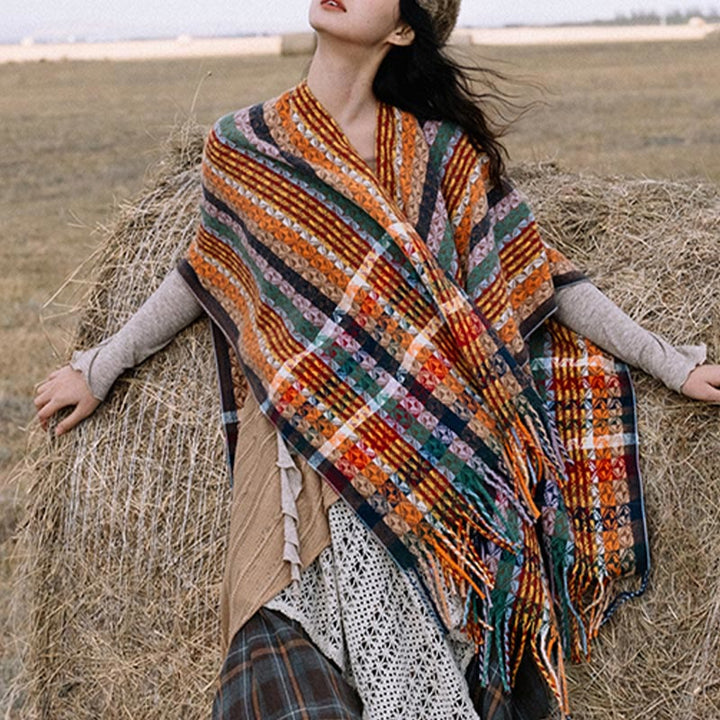 Buddha Stones Tibetan Colorful Stripe Geometry Tassels Shawl Fall Winter Soft Scarf Wrap - Peru - 130*150cm - image 0
