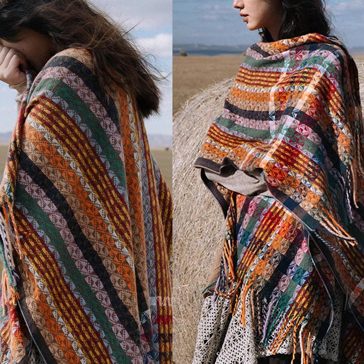 Buddha Stones Tibetan Colorful Stripe Geometry Tassels Shawl Fall Winter Soft Scarf Wrap - image 14