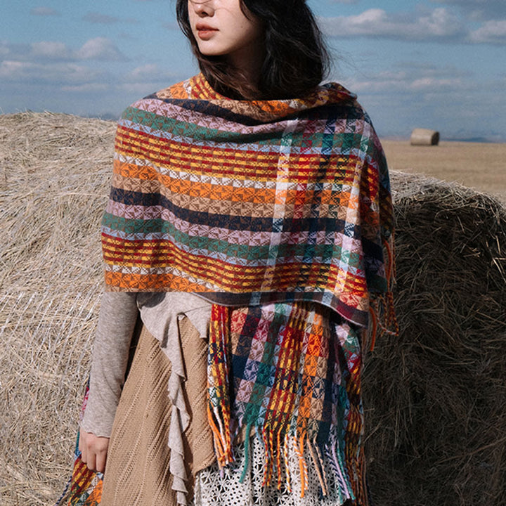 Buddha Stones Tibetan Colorful Stripe Geometry Tassels Shawl Fall Winter Soft Scarf Wrap - image 10