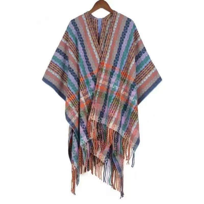 Buddha Stones Tibetan Colorful Stripe Geometry Tassels Shawl Fall Winter Soft Scarf Wrap - Plum - 130*150cm - image 24