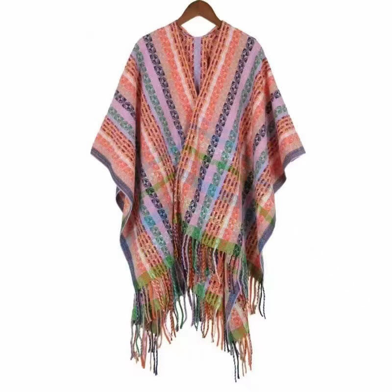 Buddha Stones Tibetan Colorful Stripe Geometry Tassels Shawl Fall Winter Soft Scarf Wrap