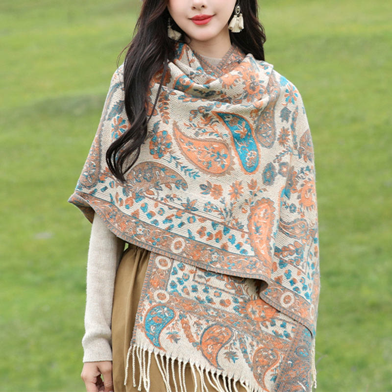 Buddha Stones Tibetan Cashew Flowers Leaves Vine Tassels Shawl Fall Winter Soft Cozy Scarf Wrap - Khaki 70*180cm - image 14