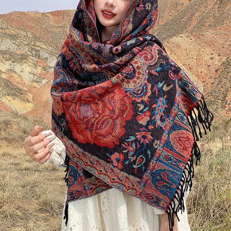 Buddha Stones Tibetan Cashew Peony Flowers Vine Tassels Shawl Fall Winter Cozy Scarf Wrap - Sienna - 200*65cm - image 8