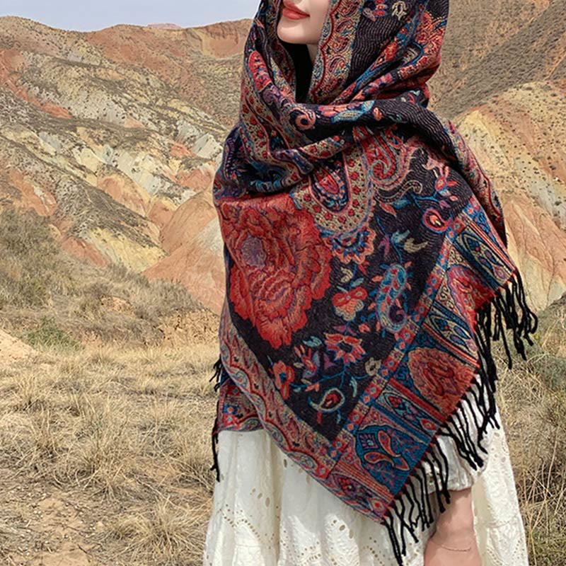 Buddha Stones Tibetan Cashew Peony Flowers Vine Tassels Shawl Fall Winter Cozy Scarf Wrap - image 9