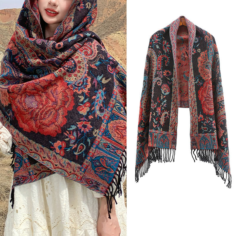Buddha Stones Tibetan Cashew Peony Flowers Vine Tassels Shawl Fall Winter Cozy Scarf Wrap - image 11