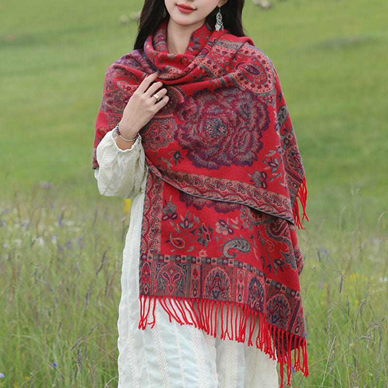 Buddha Stones Tibetan Cashew Peony Flowers Vine Tassels Shawl Fall Winter Cozy Scarf Wrap - Red - 200*65cm - image 16