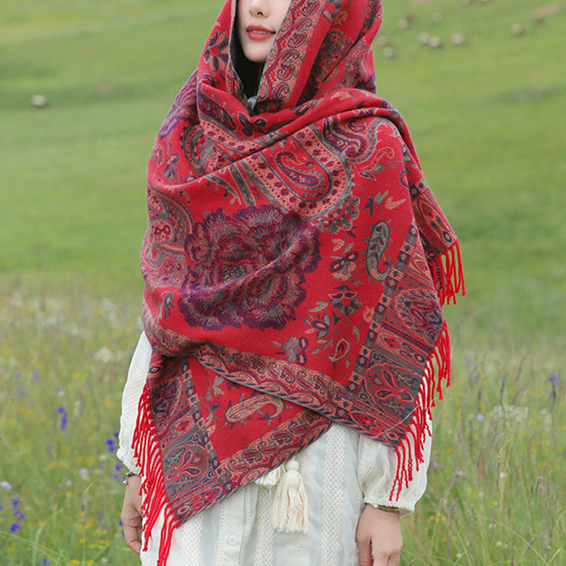 Buddha Stones Tibetan Cashew Peony Flowers Vine Tassels Shawl Fall Winter Cozy Scarf Wrap - image 18