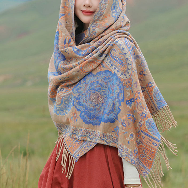 Buddha Stones Tibetan Cashew Peony Flowers Vine Tassels Shawl Fall Winter Cozy Scarf Wrap - image 26