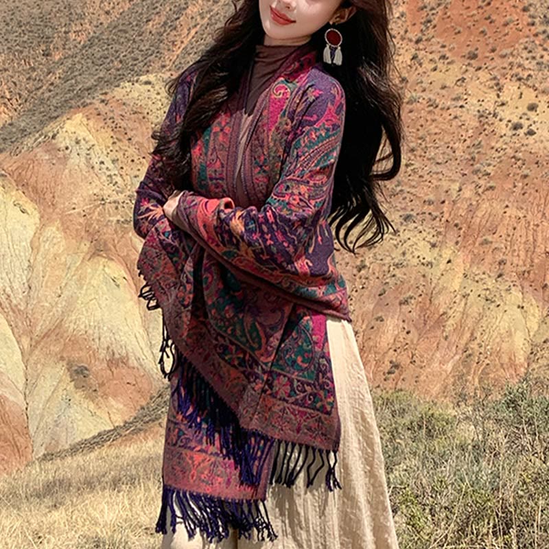 Buddha Stones Tibetan Cashew Flowers Vine Pattern Tassels Shawl Fall Winter Soft Scarf Wrap - image 2