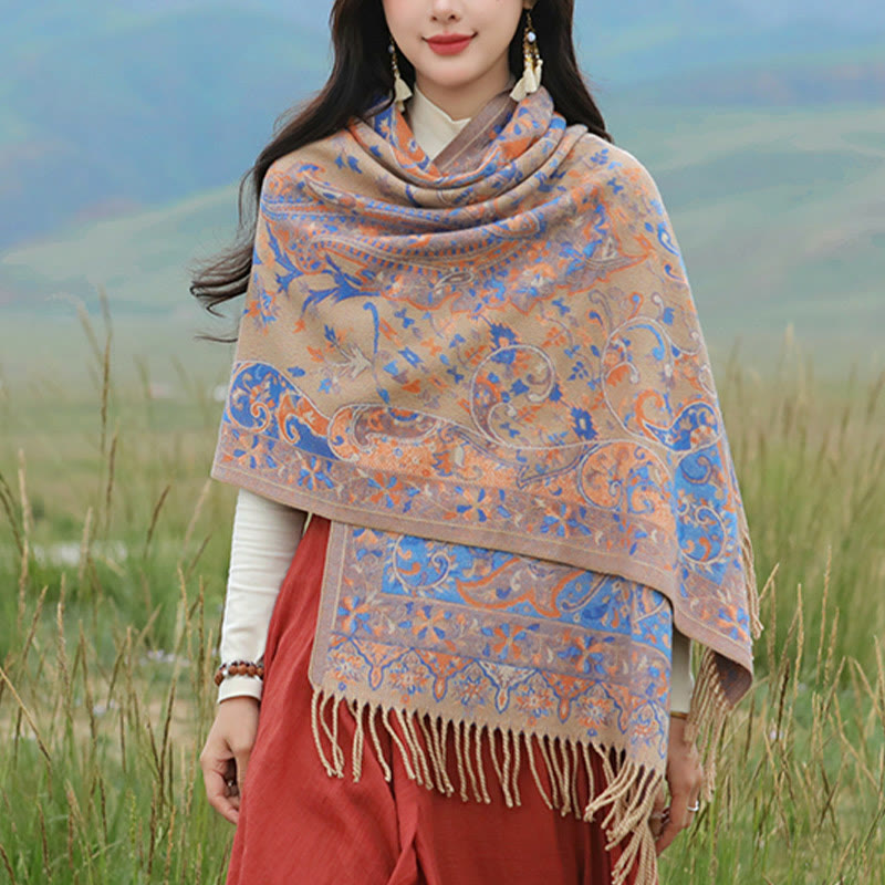 Buddha Stones Tibetan Cashew Flowers Vine Pattern Tassels Shawl Fall Winter Soft Scarf Wrap - Khaki - 200*65cm - image 19