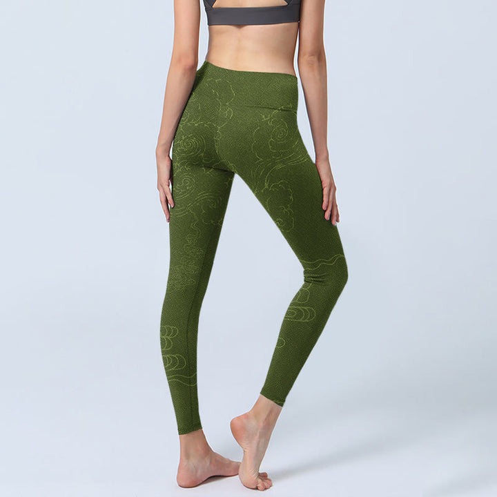 Buddha Stones Green Auspicious Cloud Waves Print Gym Leggings Women's Yoga Pants - image 5