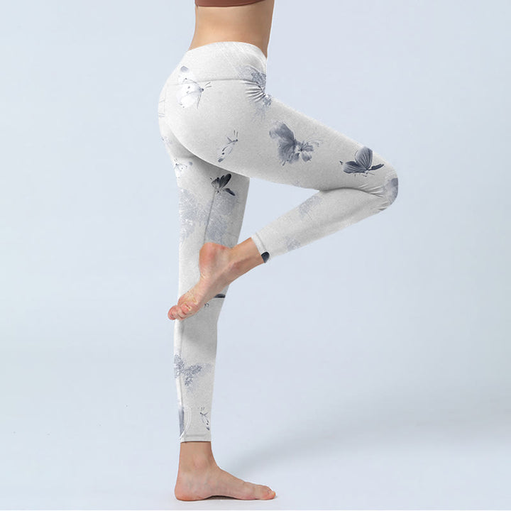 Buddha Stones White Gray Butterfly Print Sports Leggings Women's Yoga Pants - image 4