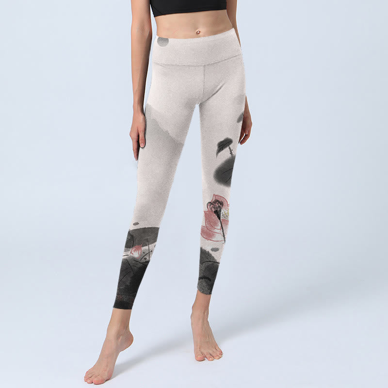 Buddha Stones Ink Painting Lotus Flower Leaf Print Gym Fitness Leggings Women's Yoga Pants - image 5