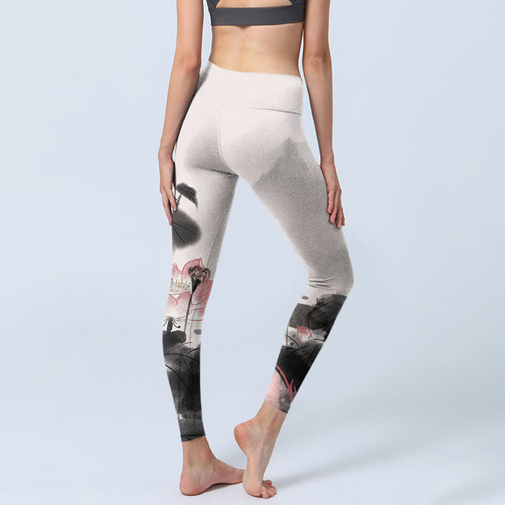 Buddha Stones Ink Painting Lotus Flower Leaf Print Gym Fitness Leggings Women's Yoga Pants - image 4
