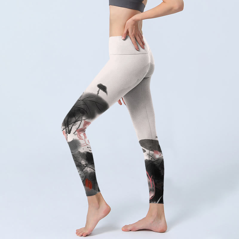 Buddha Stones Ink Painting Lotus Flower Leaf Print Gym Fitness Leggings Women's Yoga Pants - image 2