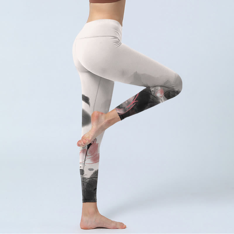 Buddha Stones Ink Painting Lotus Flower Leaf Print Gym Fitness Leggings Women's Yoga Pants - image 4
