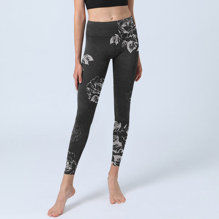 Buddha Stones Gray Peony Rose Flower Sketch Print Gym Fitness Leggings Women's Yoga Pants