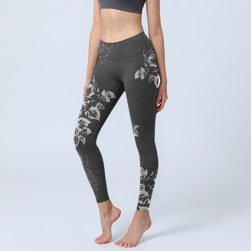 Buddha Stones Gray Peony Rose Flower Sketch Print Gym Fitness Leggings Women's Yoga Pants