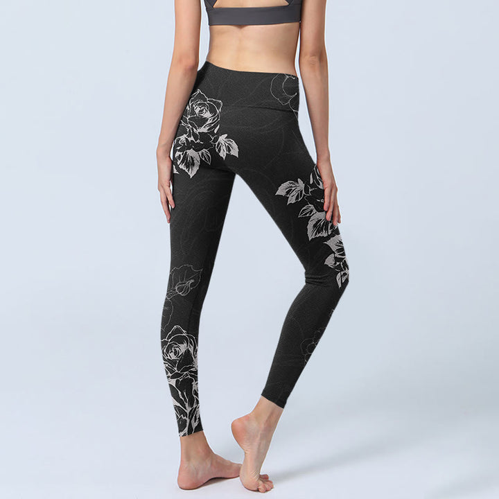 Buddha Stones Gray Peony Rose Flower Sketch Print Gym Fitness Leggings Women's Yoga Pants