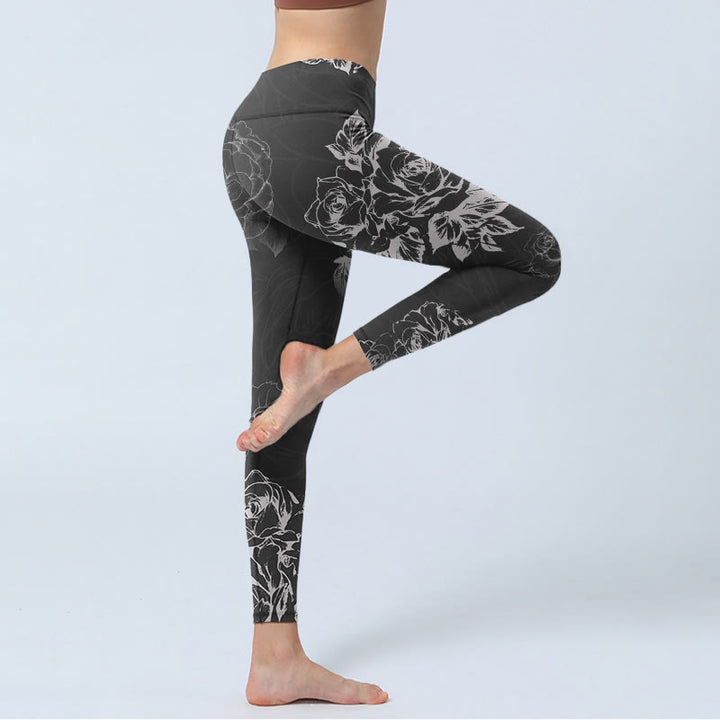 Buddha Stones Gray Peony Rose Flower Sketch Print Gym Fitness Leggings Women's Yoga Pants - image 3
