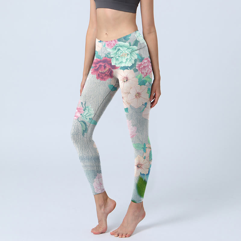 Buddha Stones Colorful Peony Flowers Print Gym Fitness Leggings Women's Yoga Pants - WhiteSmoke - US18，UK/AU22，EU50 (4XL) - image 1