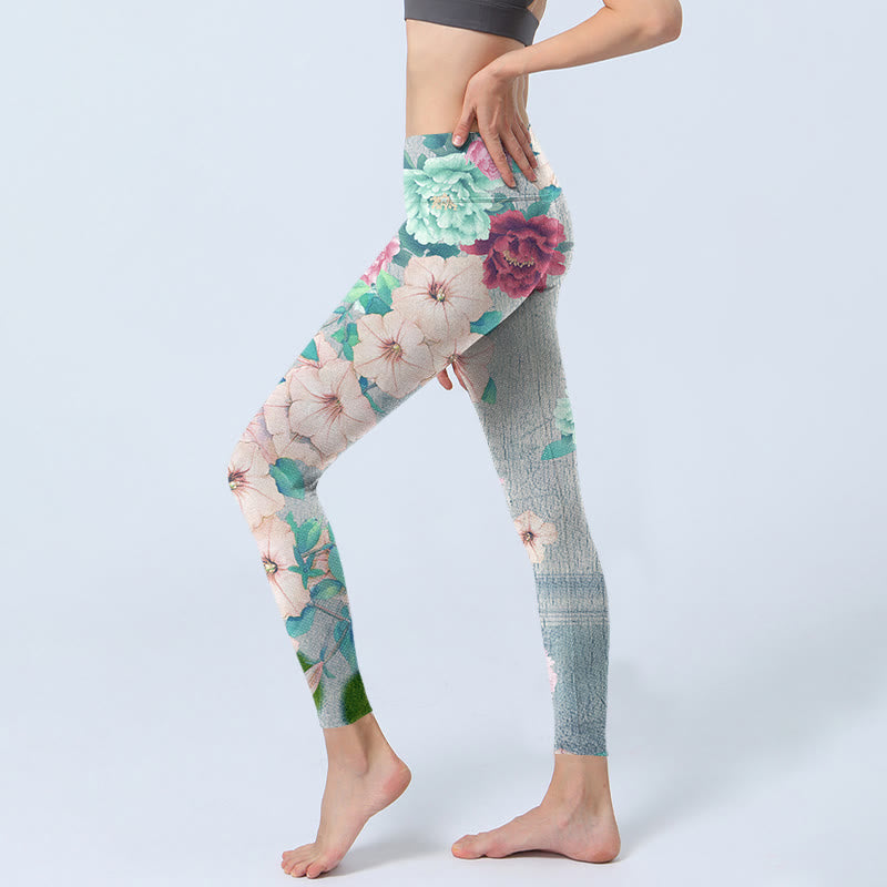 Buddha Stones Colorful Peony Flowers Print Gym Fitness Leggings Women's Yoga Pants