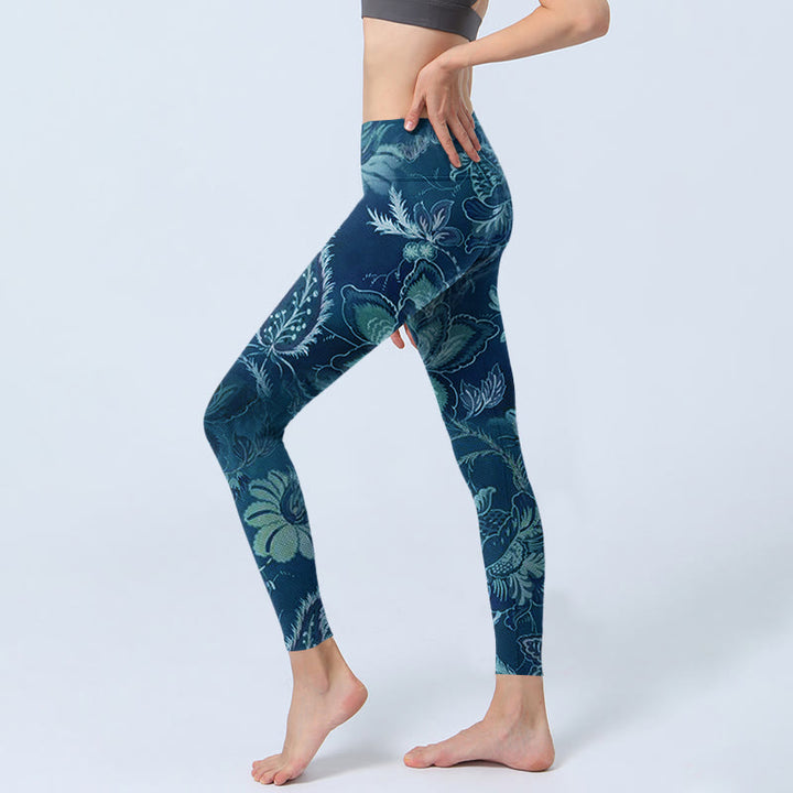 Buddha Stones Blue Flowers Print Sports Fitness Leggings Women's Yoga Pants - image 3